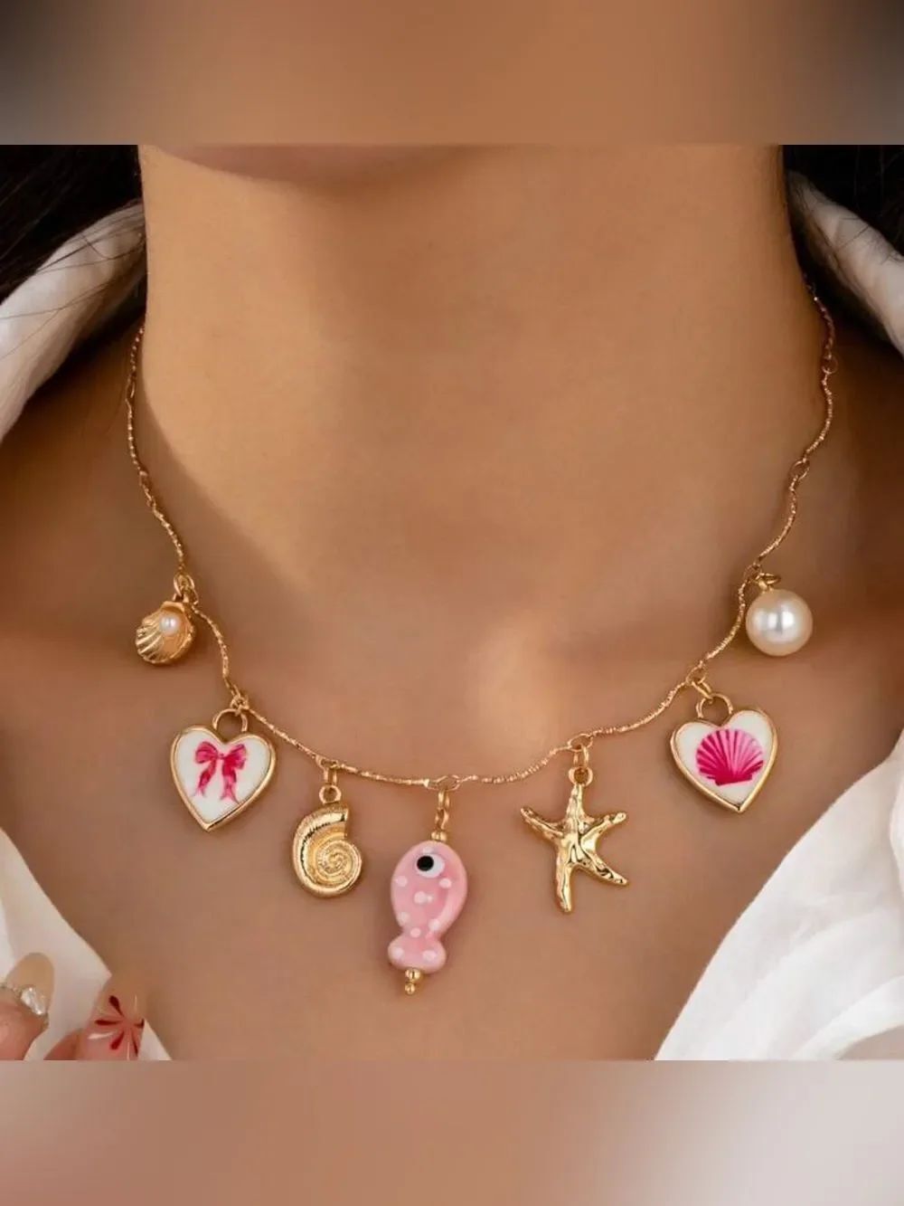 Gold-Plated Pink Shell & Charm Necklace A1697